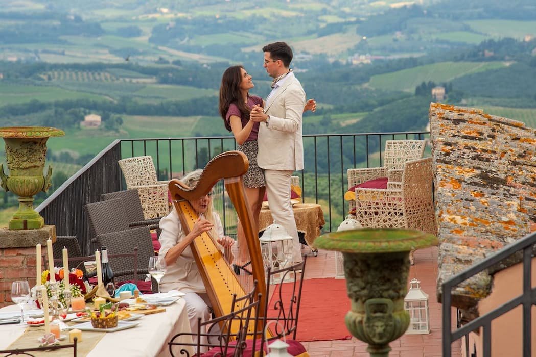 Romantic dinner in a medieval tower in a small village in Tuscany